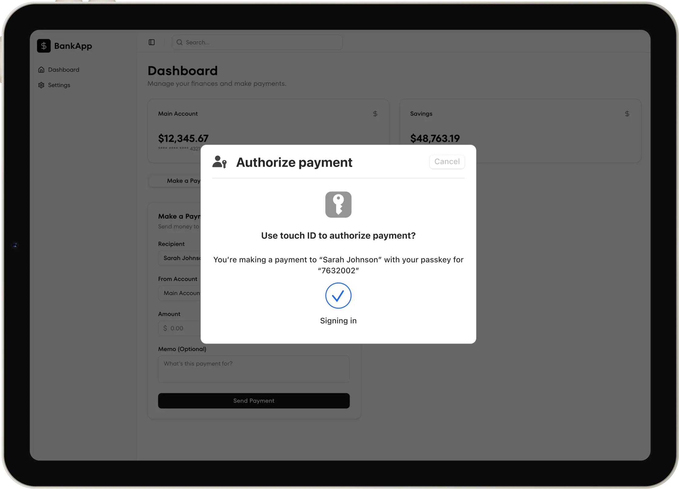 An iPad with the interactive demo app showing.